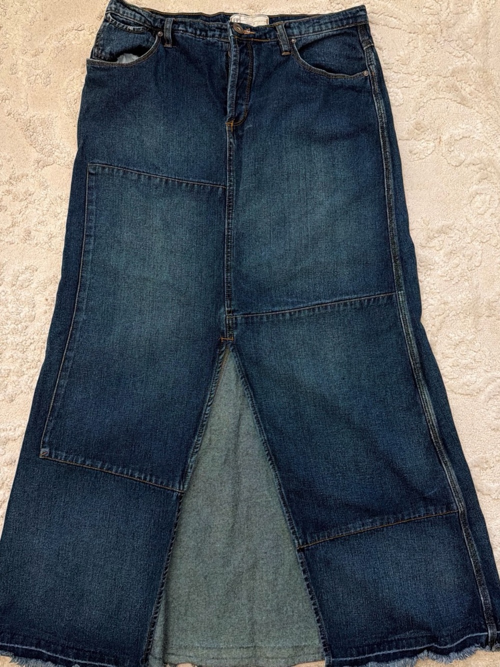 Free People Dark Blue Patchwork Denim Maxi Skirt